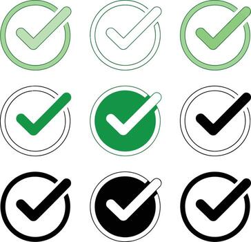 nueve marca de verificación íconos en varios verde y negro sombras, dentro círculos y cuadrícula, aislado en blanco antecedentes ilustración vector