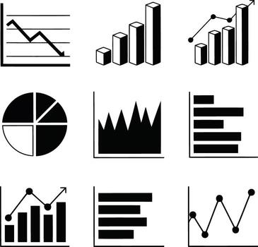 Collection of various black and white charts and graphs illustrating data analysis and trends illustration vector