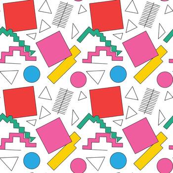 Abstract 80s memphis pattern with colorful geometric shapes and diagonal lines illustration vector