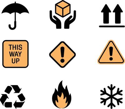 Set of nine shipping and handling icons including fragile, this way up, and recycle symbols illustration vector