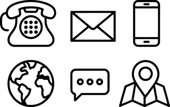 conjunto de comunicación íconos presentando giratorio teléfono, correo electrónico, móvil, globo, charlar, y mapa aislado en blanco antecedentes ilustración vector