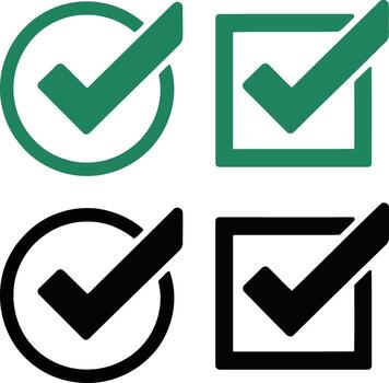 Four check mark icons in green and black within circles and squares isolated on white background illustration vector