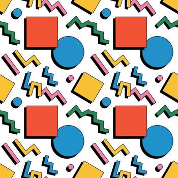 Colorful 80s memphis style geometric pattern with squares, circles, and zigzags isolated on white background illustration vector