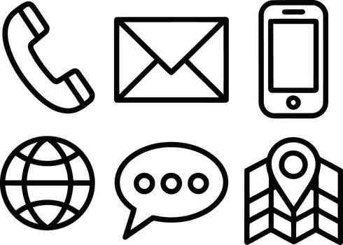 conjunto de comunicación y contacto íconos teléfono, sobre, teléfono inteligente, charla burbuja, globo, y mapa aislado en blanco antecedentes ilustración vector