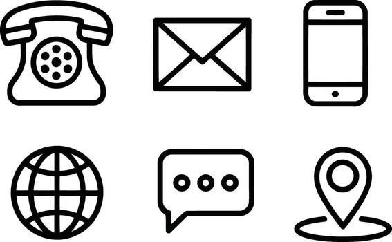 comunicación y contacto íconos Clásico teléfono, correo electrónico, teléfono inteligente, charlar, globo, y mapa aislado en blanco antecedentes ilustración vector