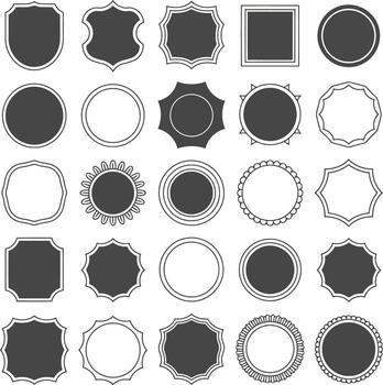 Collection of twentyfive varied shield and circular frames isolated on white background illustration vector