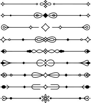 Variety of decorative horizontal line elements with unique patterns and accents, isolated on white background illustration vector