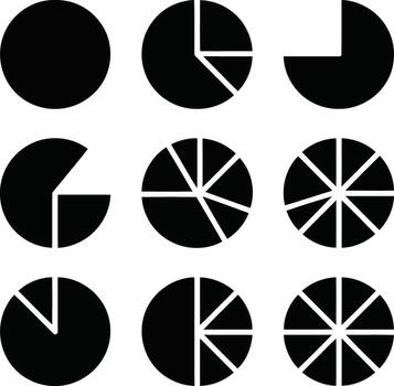 Set of nine pie chart icons showing different proportions and divisions isolated on white background illustration vector