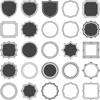Assortment of twentyfive unique shield and circular frames isolated on white background illustration vector