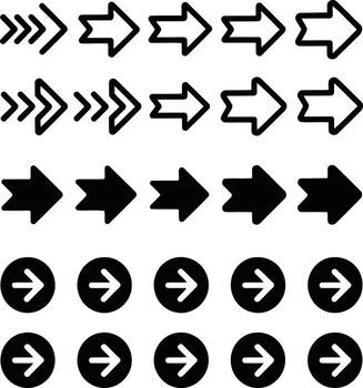 Comprehensive set of arrow icons with diverse styles, including solid, outlined, and circular designs on white illustration vector