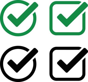 Four checkmark icons in green and black, two in circles and two in squares, isolated on white background illustration vector