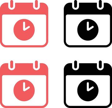 Four calendar icons with clock inside, two red and two black, isolated on white background illustration vector