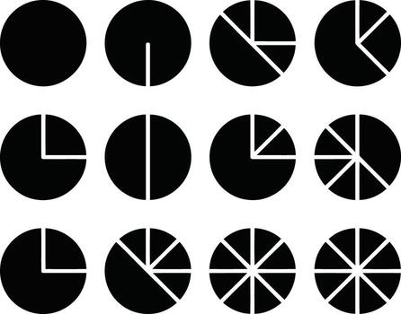 Collection of twelve pie chart icons demonstrating various divisions and segments isolated on white background illustration vector