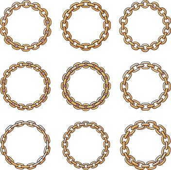 Nine distinct circular gold chain frames, isolated on white background illustration vector