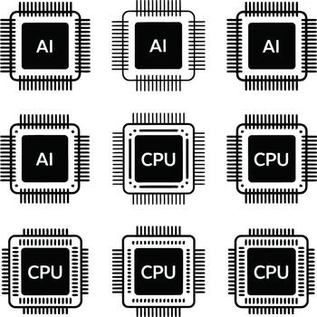 Grid of black icons representing ai and cpu microchips with pins on a white background illustration vector