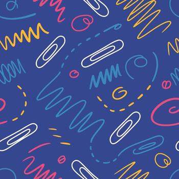 Seamless pattern of colorful scribbles and paper clips on a dark blue background illustration vector