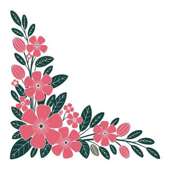 Floral Corner Design Pink Flowers Green Leaves Botanical Illustration White Background Simple Elegant Style vector