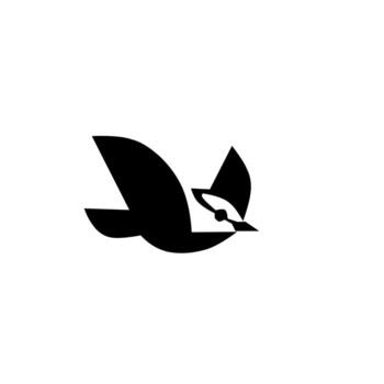 Minimalistic black silhouette of a bird in flight, designed with bold geometric shapes and clean lines, conveying freedom and elegance in a modern style. vector