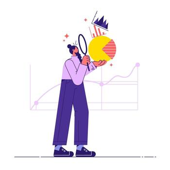 Business data analysis concept illustration, employees are analyzing with different financial charts and graphs vector