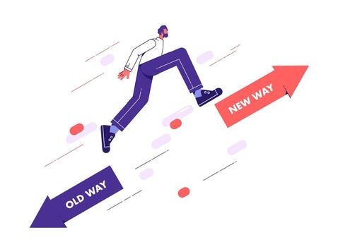 Businessman jump from old way arrow to growing up new way arrow, chooses to move forward to the new way, concept for adapting to change, improvement and development for the self or the business vector