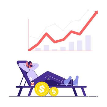Man lying lying on deckchair with money coins, financial freedom, successful online trader, earn money from investment technical analysis concept vector