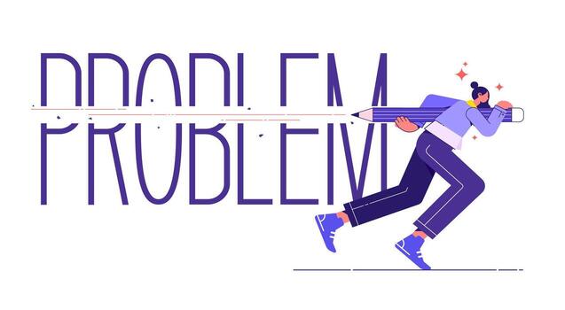 erase problem word, challenge or hope to overcome difficulty and achieve success, woman using eraser to delete problem word, problem solving or finding solution to solve problem concept vector