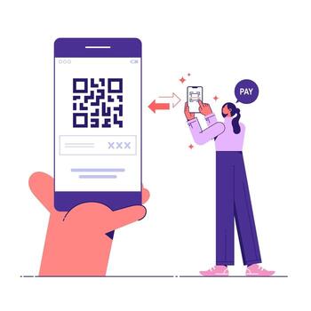 Use mobile cashless payment system or scan qr code, woman holding smartphone to use application for pay with qr code vector