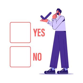 Business decision making, choose yes or no alternative or choices, man on decision to choose yes or no vector