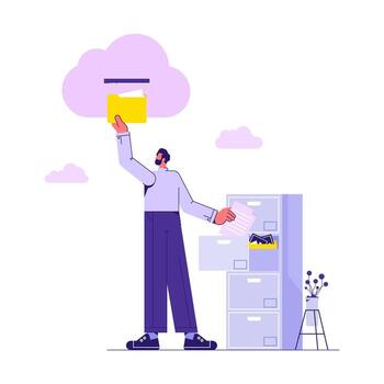 Man opening drawer of storage cabinet full of documents. Scene for electronic file organization service, Cloud computing concept vector