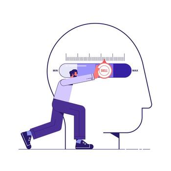 Skill levels growth. Increasing Skills Level, man pushing progress bar up to maximum position vector