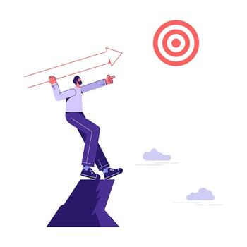 Businessman standing on peak of cliff targeting dartboard with big arrow. Businessman aiming target on cliff, success business metaphor vector
