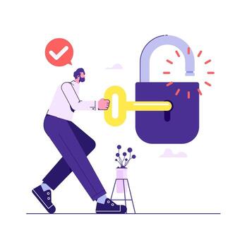 Man opening padlock with key. Concept of approved, allowed or authorized access to protected data, successful authorization, right password vector