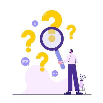 Man holding magnifying glass and looking for answer. Concept of frequently asked questions, query, investigation, search for information vector