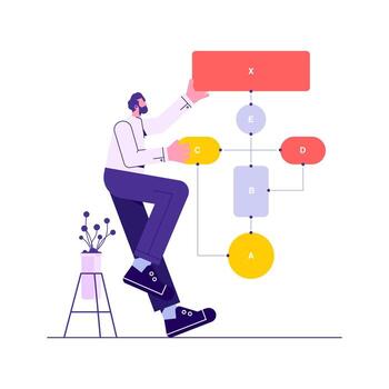 Man manage flow diagram drawn. Concept of workflow process chart or scheme, strategic planning, business system or structure vector