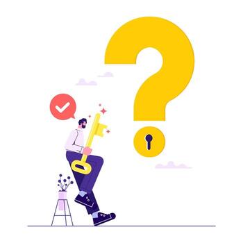 Key to unlock answer for problem and questions, solution or reason to solve problem, businessman holding key to unlock keyhole on question mark sign vector