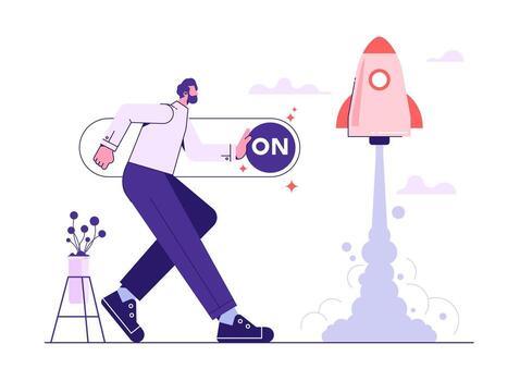 Starting a new business project. Development process. Product innovation, creative ideas. Starting launch, Startup business, businessman push setting button switch to on position vector