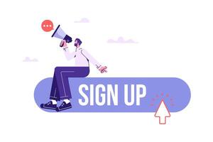 atención mensaje o motivación para usuario a firma arriba o iniciar sesión a en línea cuenta concepto, empresario con megáfono motivar usuario a firmar arriba ahora, llamada a acción en en línea publicidad vector