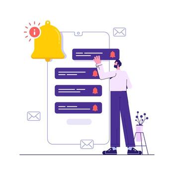 anillo suscripción campana a obtener recordatorio para nuevo social medios de comunicación contenido, hombre obtener charla mensajes notificación en móvil teléfono, giro en notificación en social medios de comunicación para arriba a fecha vector