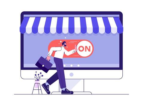 Start new online shop or launch start up company concept, businessman push setting button switch to on position vector