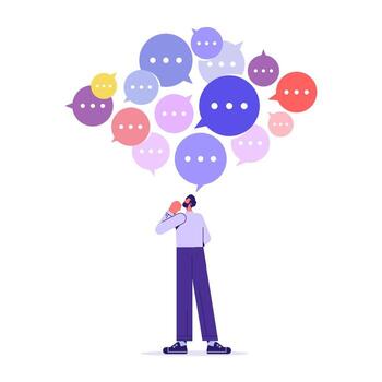 Gather ideas concept. Businessman with many speech bubbles. Metaphor for brainstorming, strategy and creative thinking vector