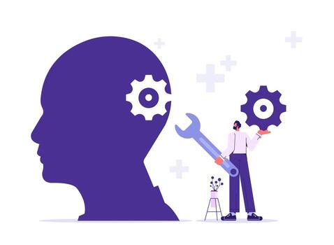 Human head with gear wheels inside. Productivity, effectiveness. Intelligence and knowledge development with brain performance. Gears and technical wheels as thoughts vector