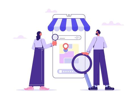 Smartphone with city map and store location on screen and store icon. Near me searches, Mobile navigation, gps navigator, route concepts vector