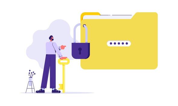 Data security or secret files concept. businessman holding a key an looking at a locked folder, unnlock folder secure data file document vector