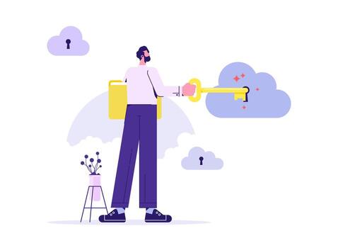 Man carrying the password key for cloud system. Internet privacy data and information safety management or secure cloud with password vector