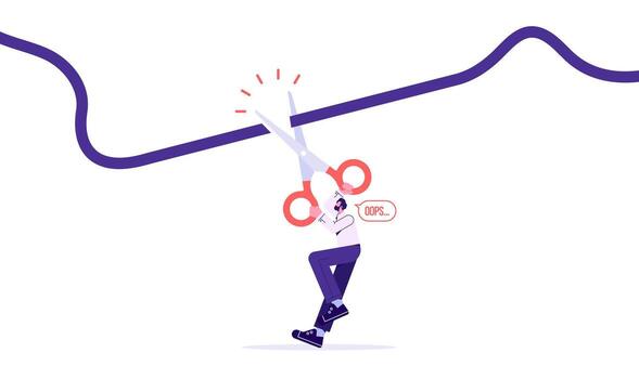 Man hold scissors cutting electric wire. Electricity plug and socket disabled. 404 Error, page not found. Connection error vector