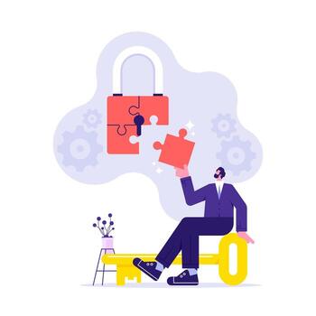Businessman and security lock puzzle with jigsaw keyword, Antivirus and firewall protection, cyber data security online, software access data as confidential vector