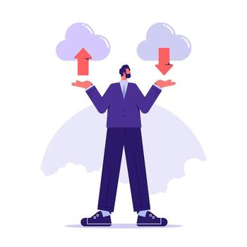 Data in database on cloud services, businessman hold cloud storage sign with arrows up and down, downloads and uploads files to the cloud vector