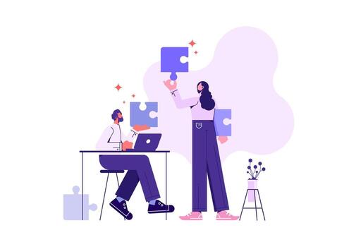 Team metaphor. Group of peoples doing teamwork assembling jigsaw puzzle. Symbol of teamwork, cooperation, partnership vector