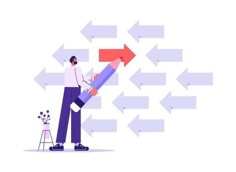 Do different concept, innovative ideas, man with pencil drawing a Different color arrow to the left in the middle of many arrows heading to the right vector