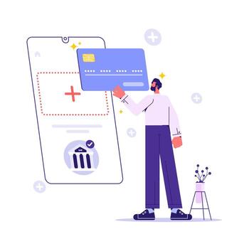 Man with debit or credit card paying or shopping online or purchasing with smartphone. Internet payment system or technology. Online payment or banking via mobile application concept vector